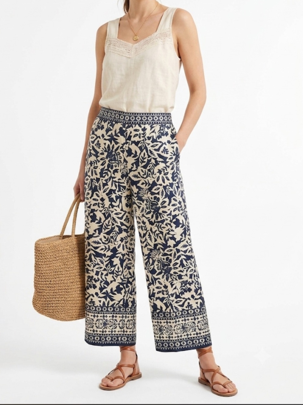 ELIANE ROSE Navy Blue White Botanical Satin Wide Leg Cropped Pants Size XL